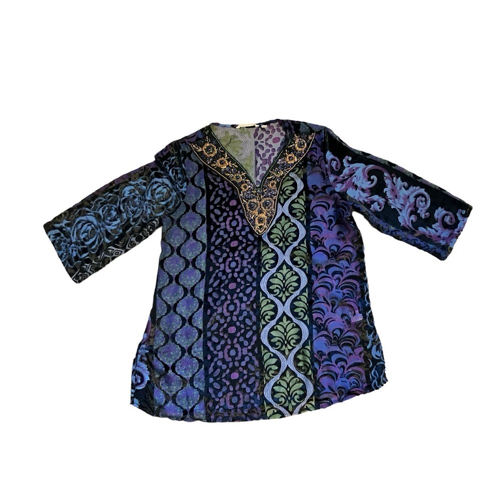 Soft Surroundings Blouse Women SZ PL Multicolor Long Sleeve V-Neck Viscose Blend